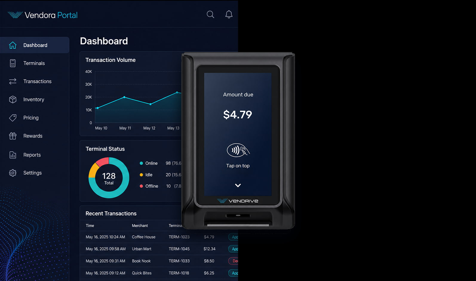 Vendora Portal fleet dashboard shown beside the Vendrive Port P1 terminal.